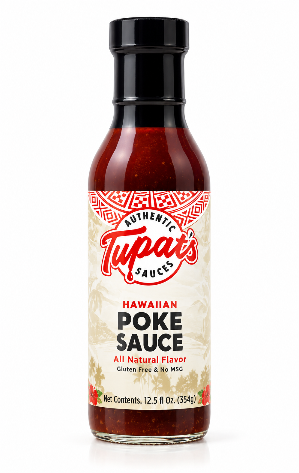 A bottle of Tupai's Hawaiian Poke Sauce on a white background. The bottle is made of clear glass showing the dark red sauce inside, topped with a black cap.