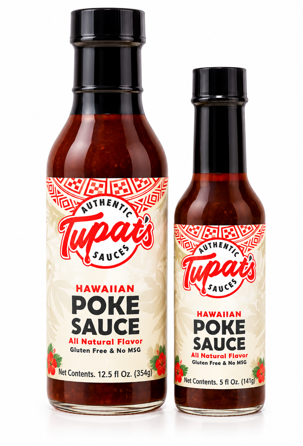 Two bottles of Tupat's Authentic Hawaiian Poke Sauce, one 12.5 fl oz and one 5 fl oz, on a white background.