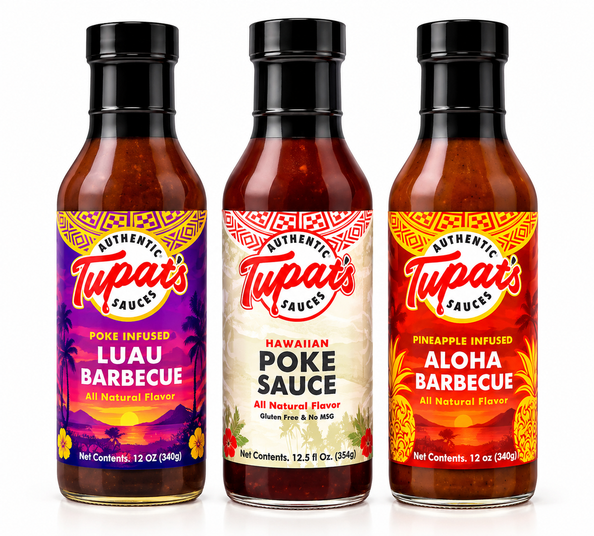 Three bottles of Tupats Poke Sauce marinades and sauces lined up on a white background: Luau Barbecue, Hawaiian Poke Sauce, and Aloha Barbecue.