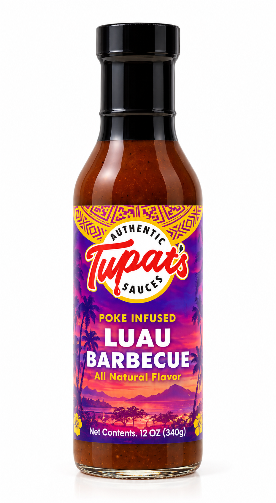 A 12 oz bottle of Tupat's Luau Poke Barbecue sauce on a white background. The bottle contains a reddish-brown sauce and features a colorful label with a purple and orange sunset design and the brand name 'Tupat's' in red script.