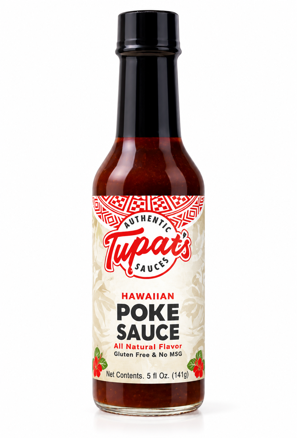 A 5 fl oz bottle of Tupat's Hawaiian Poke Sauce, featuring a cream-colored label with red and black text, a red patterned top border, and illustrations of red tomatoes. The bottle is filled with dark reddish-brown sauce and has a black cap, set against a plain white background.